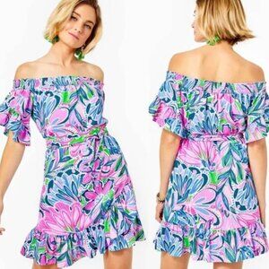 Lilly Pulitzer Maddlyn dress Pink Blue wide neck flare tie waist XXS